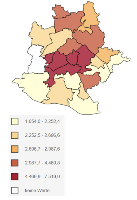 Karte mit farblich markierten Regionen und Legende zu unterschiedlichen Wertbereichen.